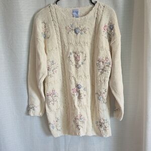 Vintage Womens Sweater White Cream Heart Embroidery Floral Faux Pearls Size M